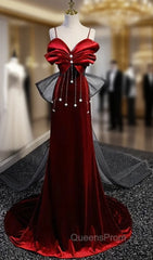 Burgundy Velvet Spaghetti Straps Pleats Evening Prom Dress