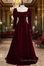 Burgundy Velvet Square Bow Long Sleeve Evening Prom Dress