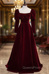 Burgundy Velvet Square Bow Long Sleeve Evening Prom Dress