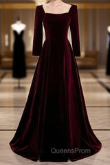 Burgundy Velvet Square Long Sleeve Long Evening Prom Dress