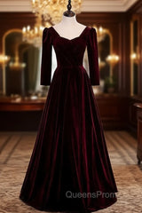 Burgundy Velvet Square Long Sleeve Evening Prom Dress