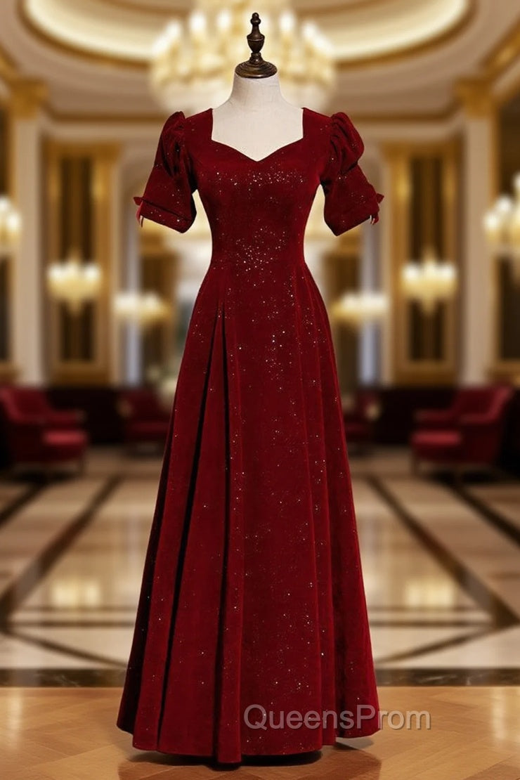 Burgundy Velvet Square Short Sleeve Long Evening Prom Dress