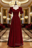 Burgundy Velvet Square Short Sleeve Long Evening Prom Dress