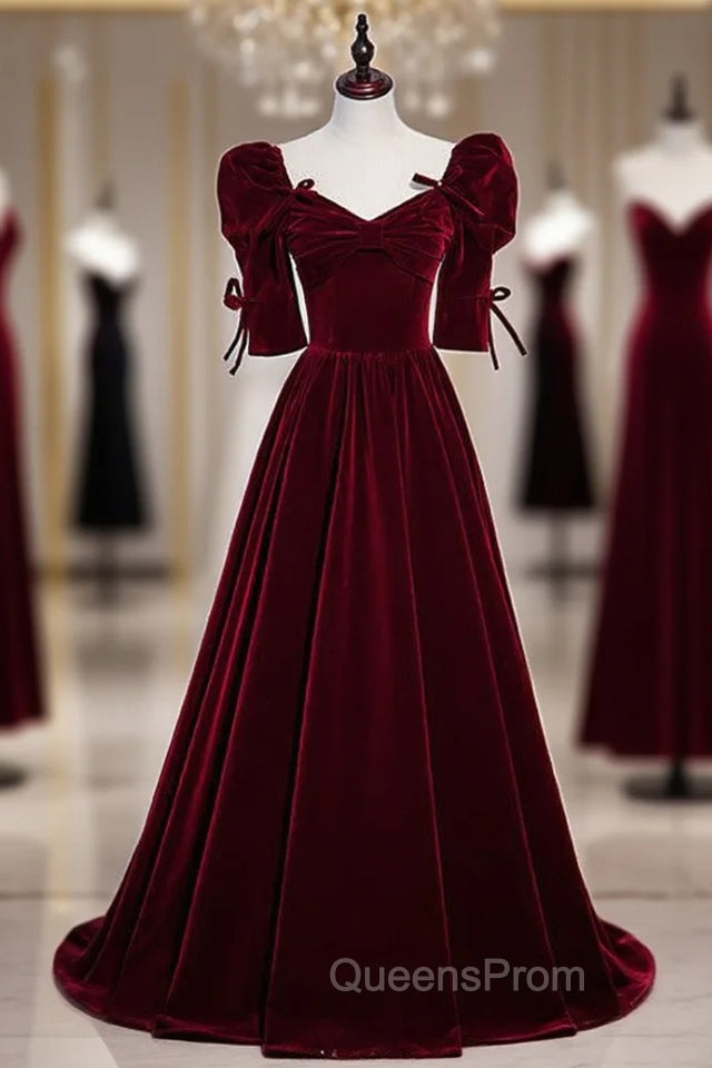 Burgundy Velvet Square Short Sleeve Pleats Evening Prom Dress Main image