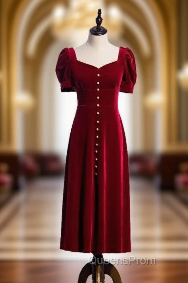 Burgundy Velvet Square Short Sleeve Evening Prom Dress