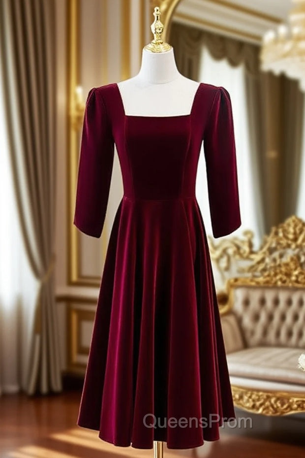 Burgundy Velvet Square Short Sleeve Short Evening Prom Dress
