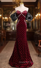 Burgundy Velvet Strapless Beading Evening Prom Dress