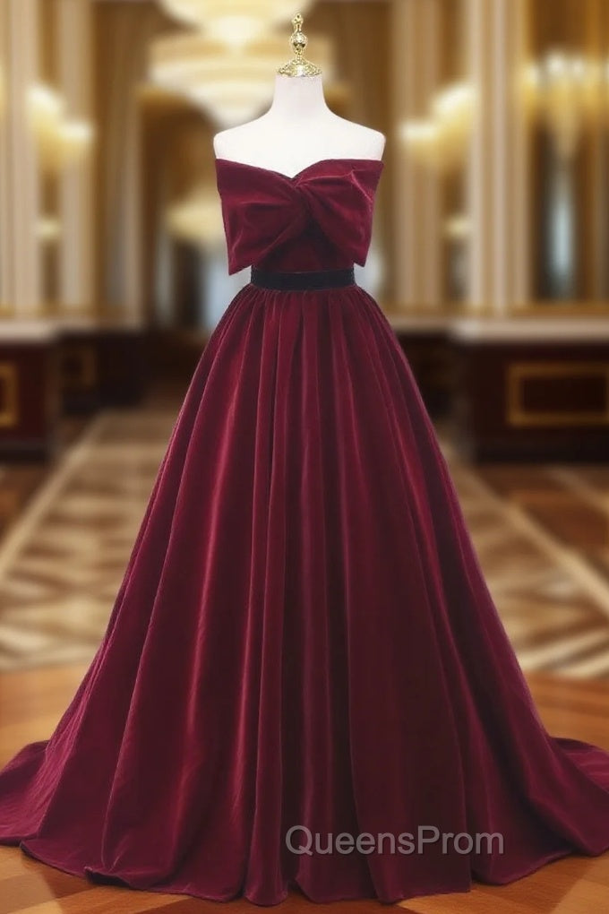 Burgundy Velvet Strapless Bow Evening Prom Dress Main image