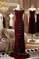 Burgundy Velvet Straps Flower Button Evening Prom Dress