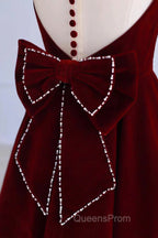 Burgundy Velvet Tea Length Evening Prom Dress, A-Line Party Dress with Bow
