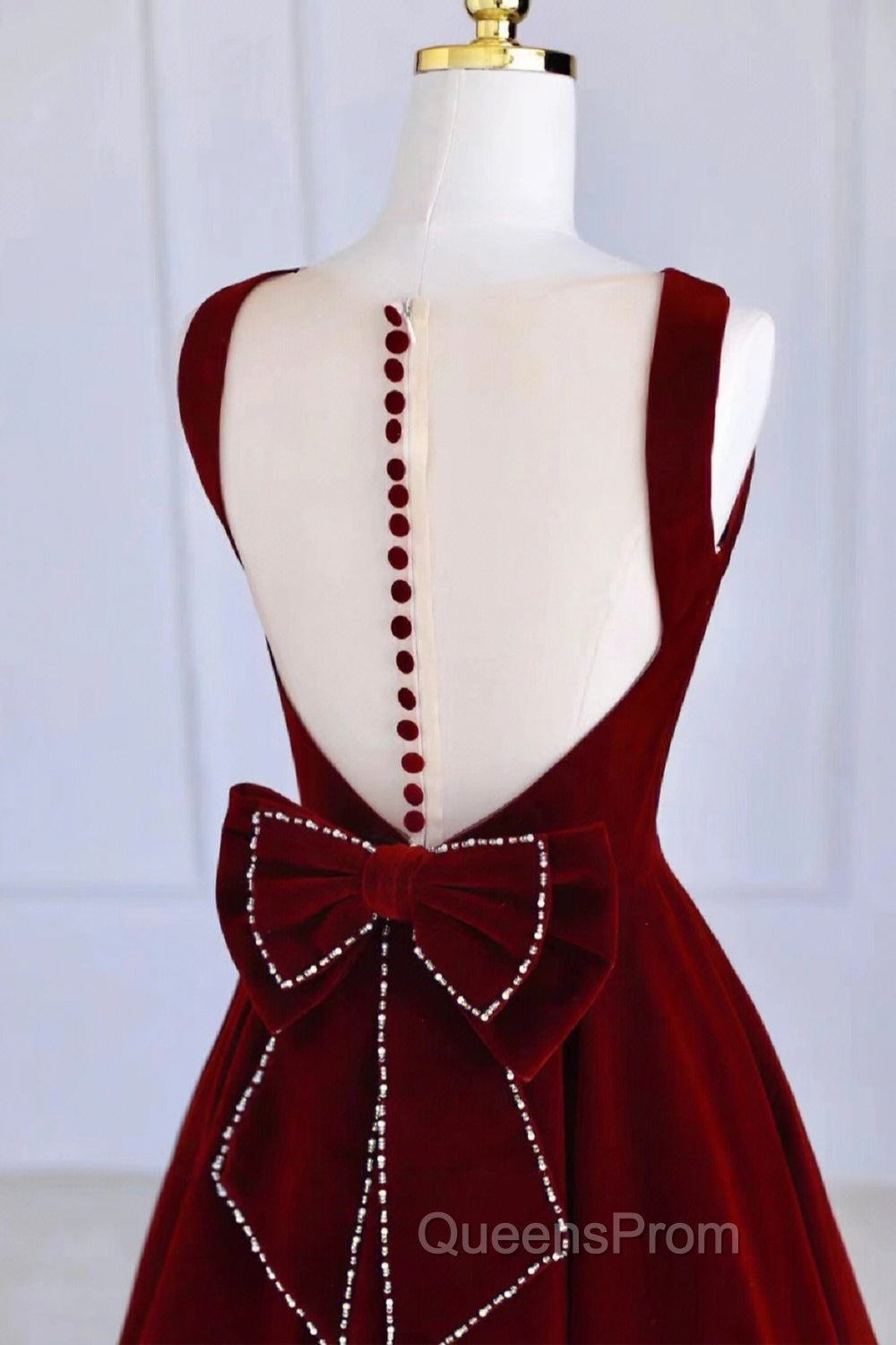 Burgundy Velvet Tea Length Evening Prom Dress, A-Line Party Dress with Bow