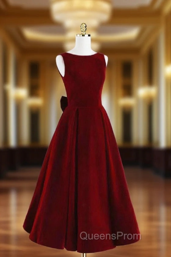 Burgundy Velvet Tea Length Evening Prom Dress, A-Line Party Dress with Bow