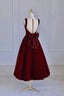Burgundy Velvet Tea Length Evening Prom Dress, A-Line Party Dress with Bow