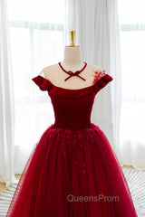 Burgundy Velvet Tulle Floor Length Evening Prom Dress, Lovely Evening Party Dress