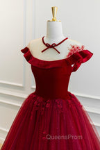 Burgundy Velvet Tulle Floor Length Evening Prom Dress, Lovely Evening Party Dress