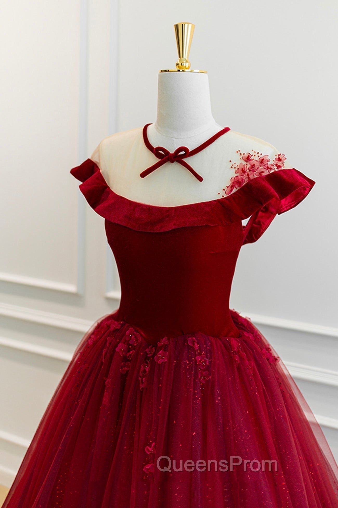 Burgundy Velvet Tulle Floor Length Evening Prom Dress, Lovely Evening Party Dress