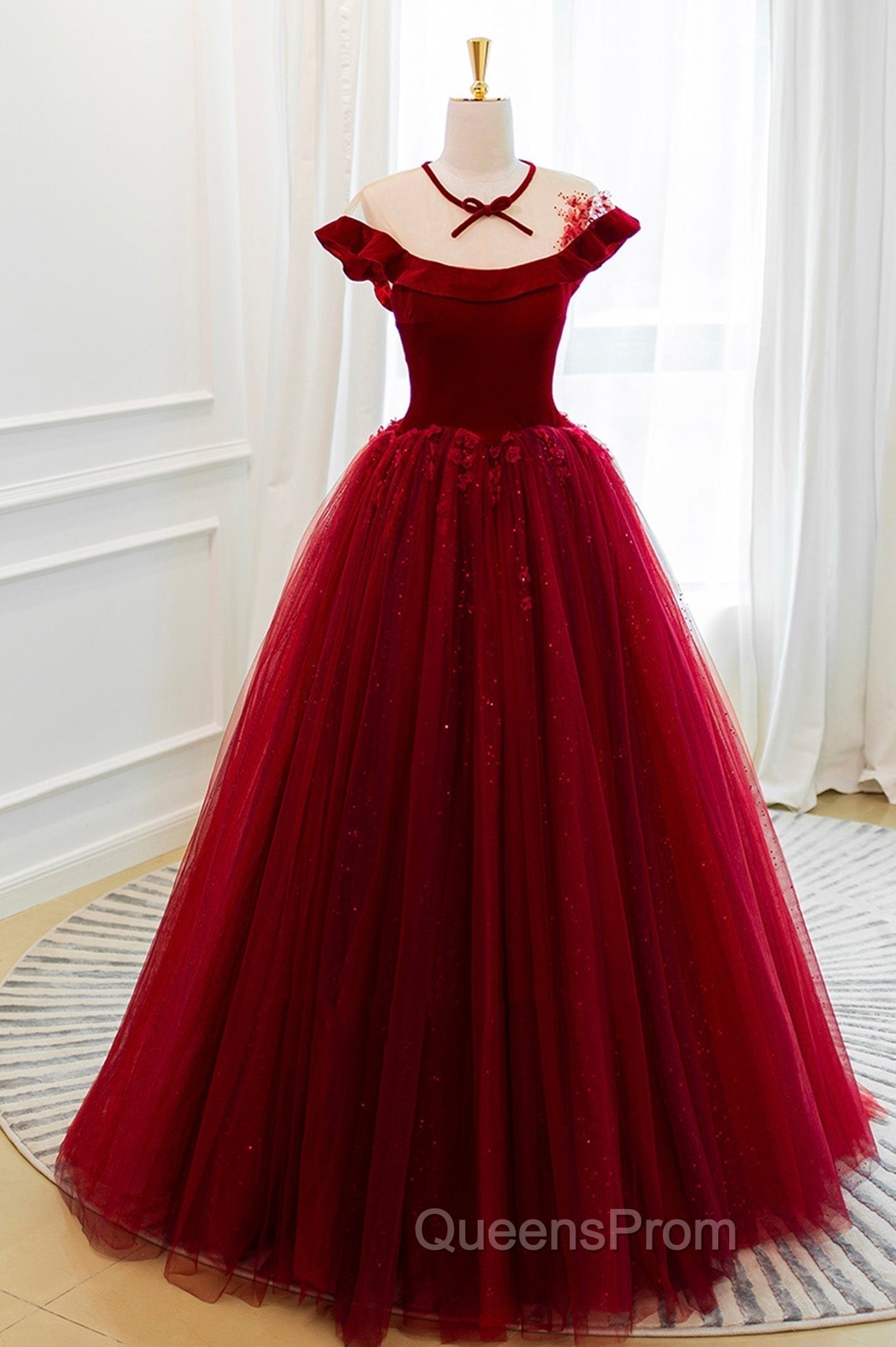 Burgundy Velvet Tulle Floor Length Evening Prom Dress, Lovely Evening Party Dress