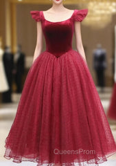 Burgundy Velvet Tulle Tea Length Evening Prom Dress, Cute A-Line Party Dress