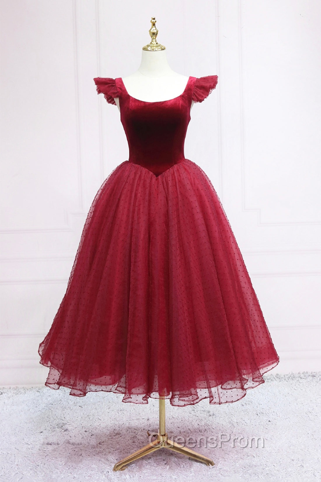 Burgundy Velvet Tulle Tea Length Evening Prom Dress, Cute A-Line Party Dress Main image