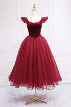 Burgundy Velvet Tulle Tea Length Evening Prom Dress, Cute A-Line Party Dress