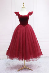 Burgundy Velvet Tulle Tea Length Evening Prom Dress, Cute A-Line Party Dress
