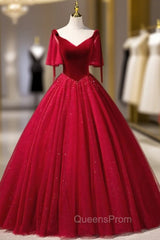 Burgundy Velvet Tulle V-neck Evening Prom Dress