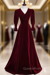 Burgundy Velvet V-neck Long Sleeve Button Evening Prom Dress