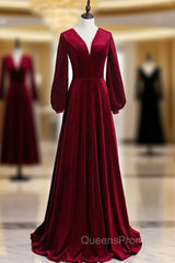 Burgundy Velvet V-neck Long Sleeve Long Evening Prom Dress