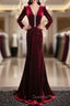 Burgundy Velvet V-neck Long Sleeve Evening Prom Dress