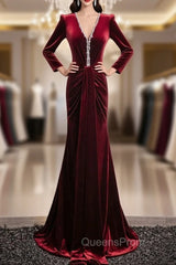 Burgundy Velvet V-neck Long Sleeve Evening Prom Dress