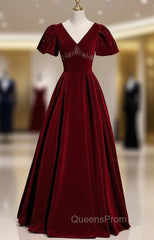 Burgundy Velvet V-neck Puff Sleeve Beading Evening Prom Dress