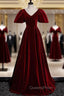 Burgundy Velvet V-neck Puff Sleeve Evening Prom Dress