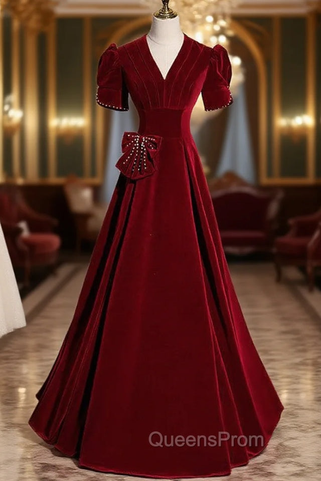Burgundy Velvet V-neck Short Sleeve Evening Prom Dress