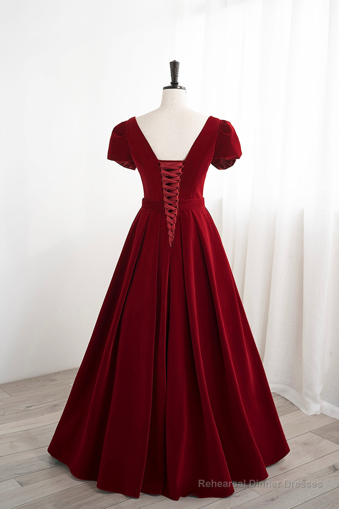 Burgundy Velvet Velvet Long Prom Dress, Cute Short Sleeve Party Dress Main image