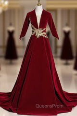 Burgundy Vevelt Short Sleeve Appliques Evening Prom Dress