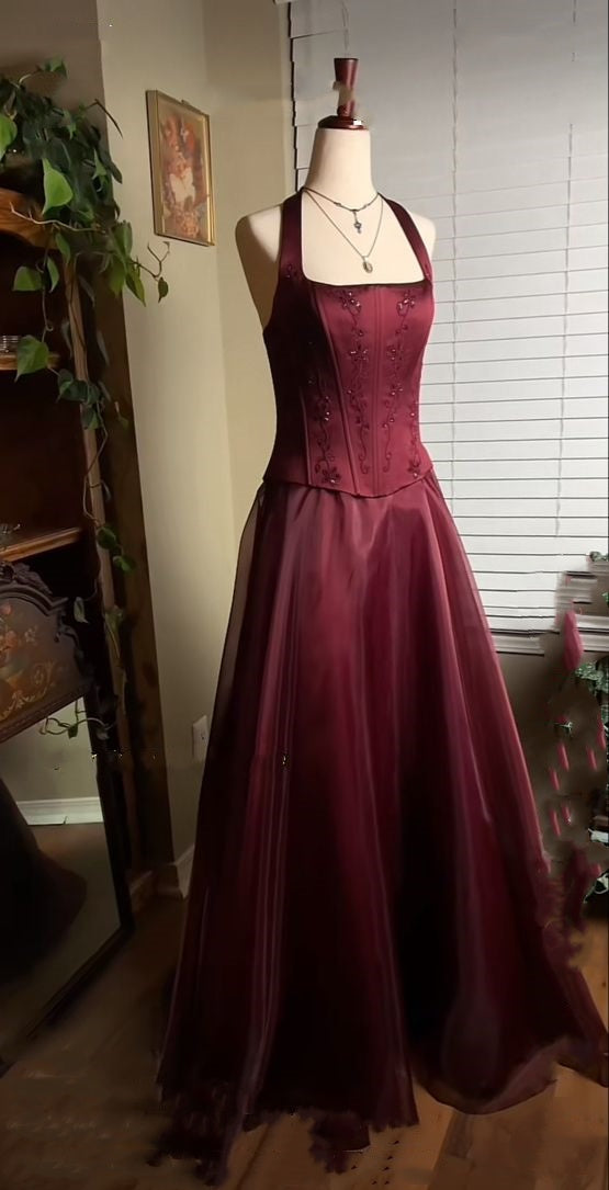 Burgundy Red Vintage Elegant Shiny Beaded Long Tulle Ball Gown Classy Evening Dress Party Dress