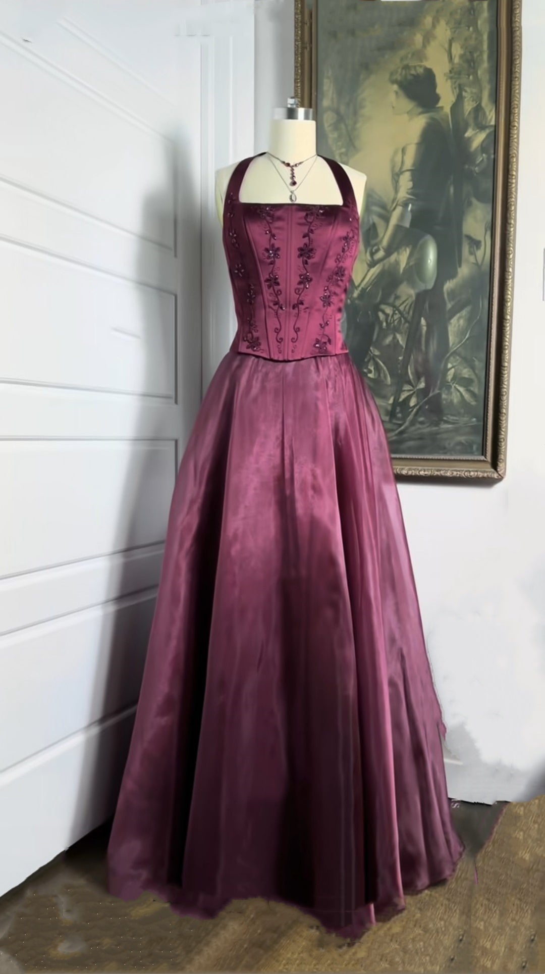 Burgundy Red Vintage Elegant Shiny Beaded Long Tulle Ball Gown Classy Evening Dress Party Dress