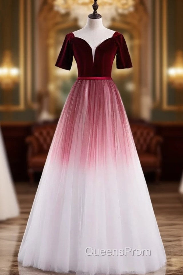 Burgundy White Tulle Velvet Short Sleeve Evening Prom Dress Main image