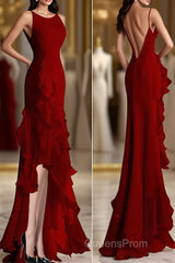 Simple Mermaid Evening Prom Gown With Ruffles, Spaghetti Straps Backless Dress For Date