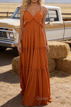 Burnt Orange A-line V Neck Sleeveless Floor-Length Chiffon Prom Dress Long Prom Dresses Backless with Pleated Ruffles