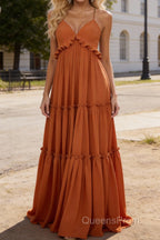 Burnt Orange A-line V Neck Sleeveless Floor-Length Chiffon Prom Dress Long Prom Dresses Backless with Pleated Ruffles