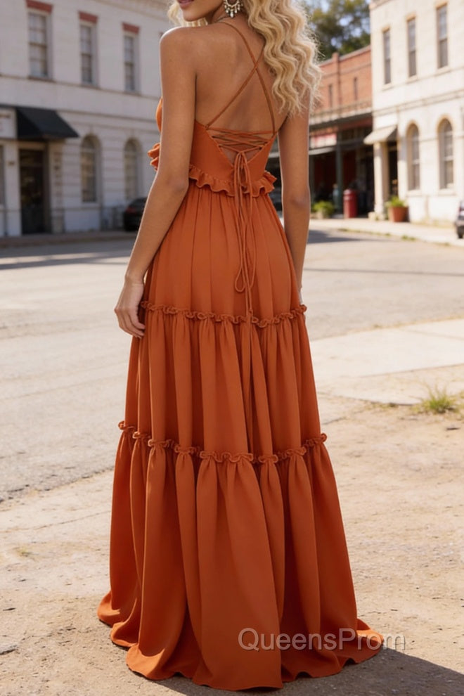 Burnt Orange A-line V Neck Sleeveless Floor-Length Chiffon Prom Dress Long Prom Dresses Backless with Pleated Ruffles