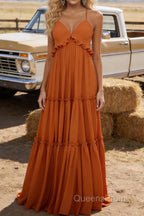 Burnt Orange A-line V Neck Sleeveless Floor-Length Chiffon Prom Dress Long Prom Dresses Backless with Pleated Ruffles