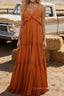Burnt Orange A-line V Neck Sleeveless Floor-Length Chiffon Prom Dress Long Prom Dresses Backless with Pleated Ruffles