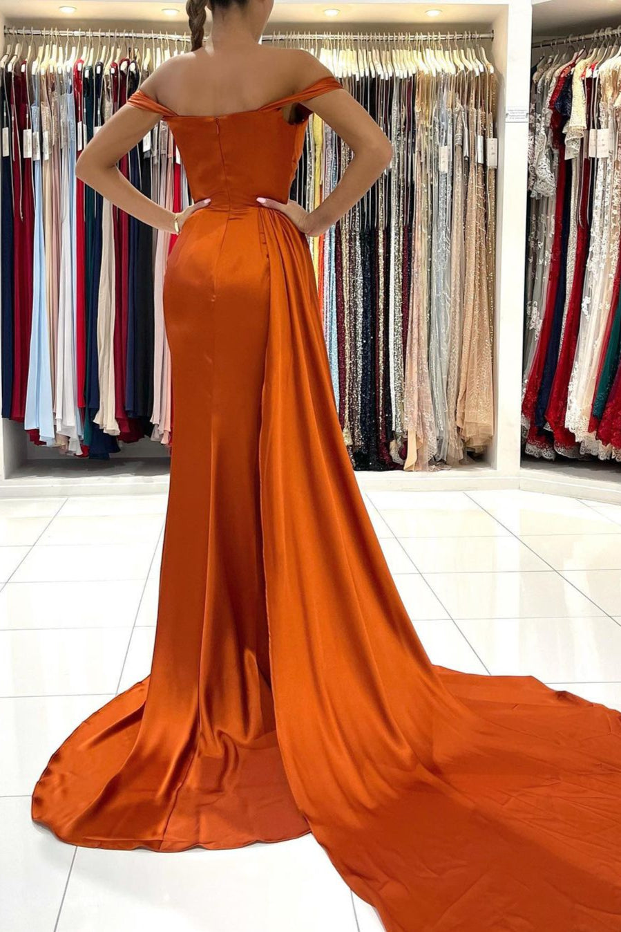Burnt Orange Off-The-Shoulder Mermaid Prom Dress Long With Split Secondary image