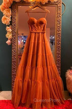 Burnt Orange Straps Tulle A-Line Long Evening Prom Gown Evening Dress