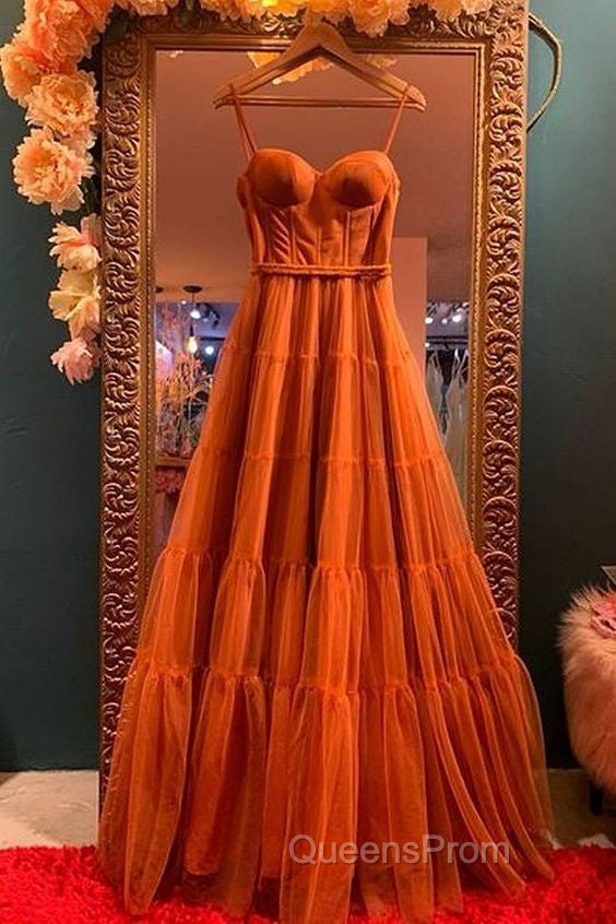 Burnt Orange Straps Tulle A-Line Long Evening Prom Gown Evening Dress