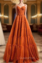 Burnt Orange Straps Tulle A-Line Long Evening Prom Gown Evening Dress