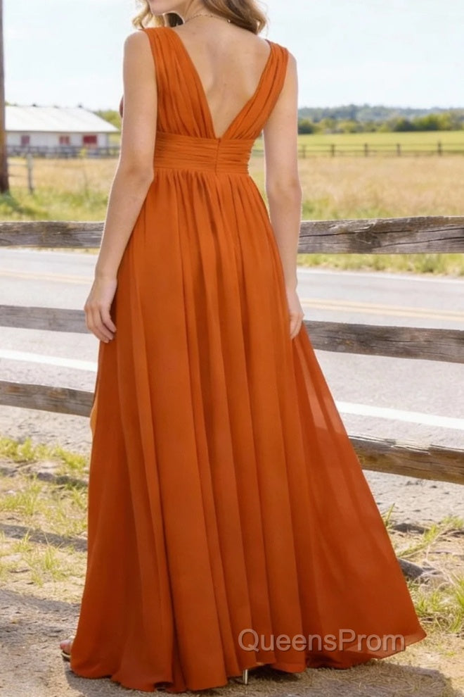 Burnt Orange V Neck Chiffon Floor Length Bridesmaid Dresses Long Bridesmaid Dress With Pleated Split