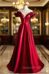 Burugndy Satin Off the Shoulder Evening Prom Dress